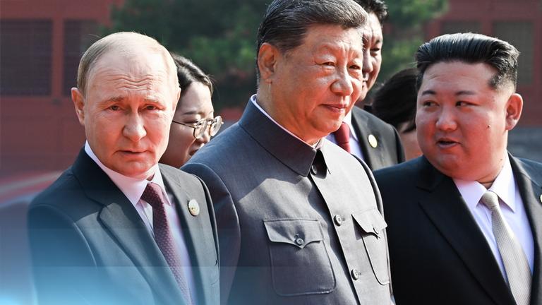 Putin, Xi und Kim bei der Militärparade in China. 