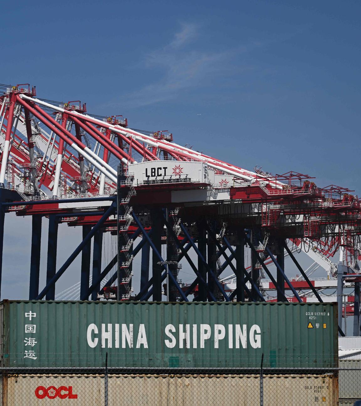 A China Shipping cargo container sits stacked at the Port of Long Beach in Long Beach, California.