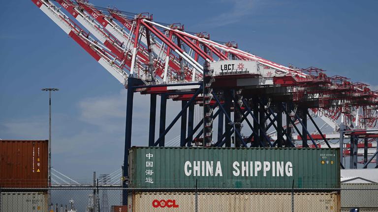 A China Shipping cargo container sits stacked at the Port of Long Beach in Long Beach, California.