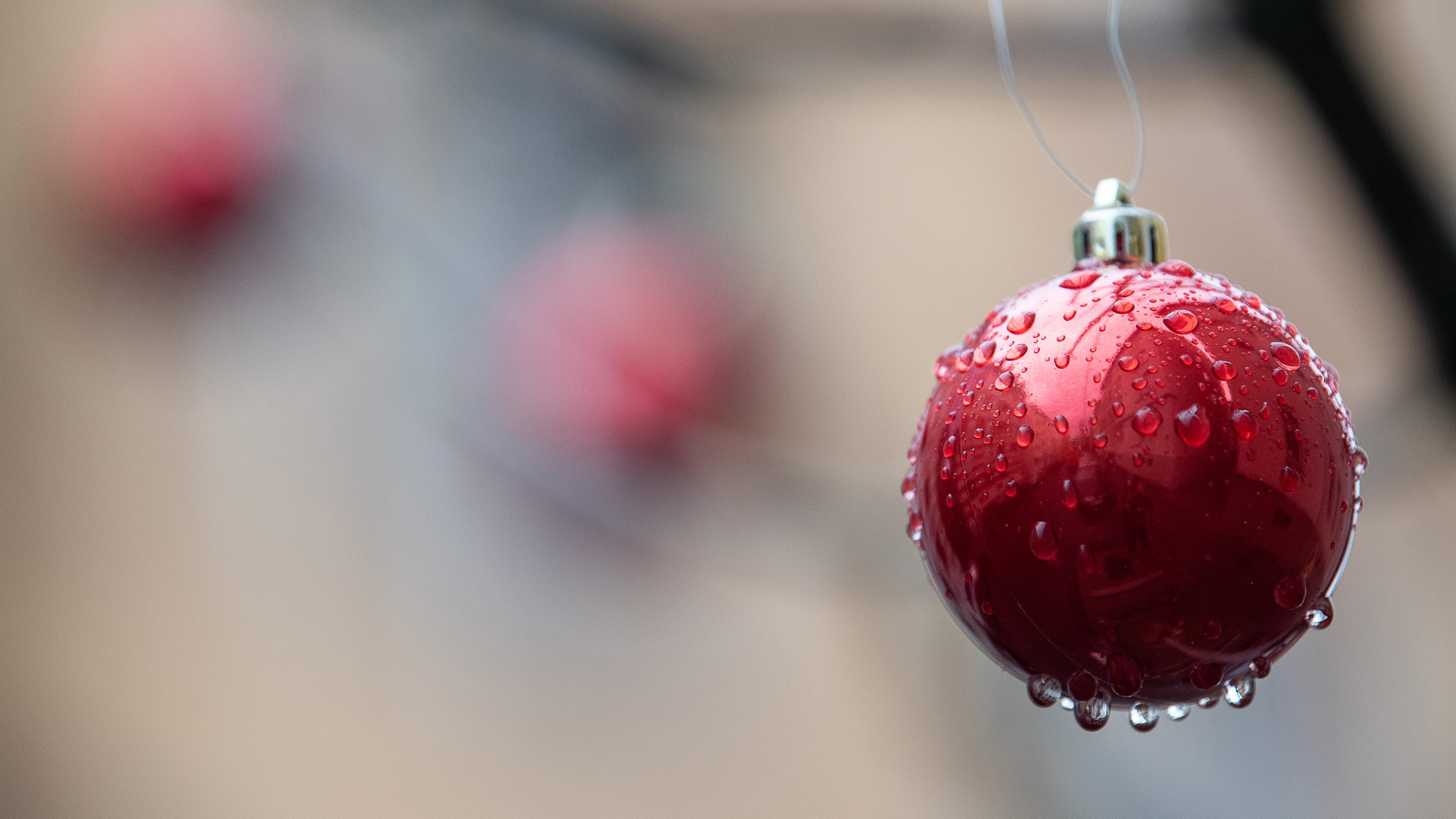 Nasse Christbaumkugeln hängen nach einem Regen an einem Baum