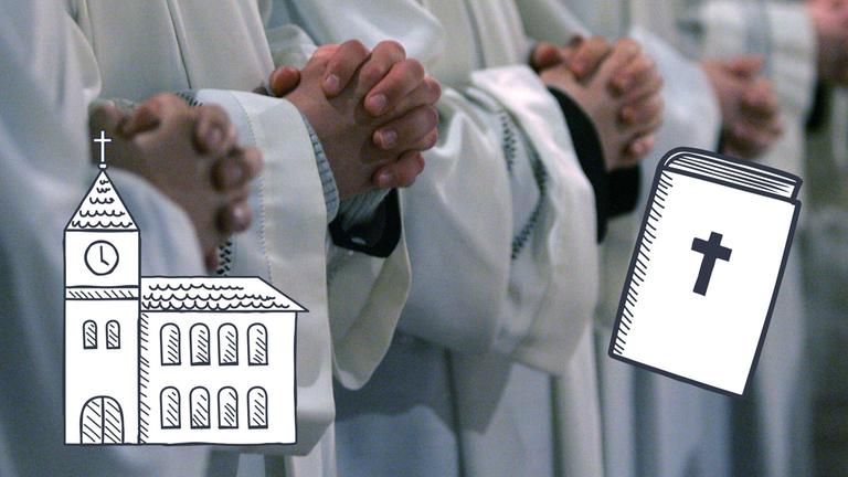 Betende Hände, Menschen tragen weiße Gewänder, eine Kirchen- und Bibel-Grafik