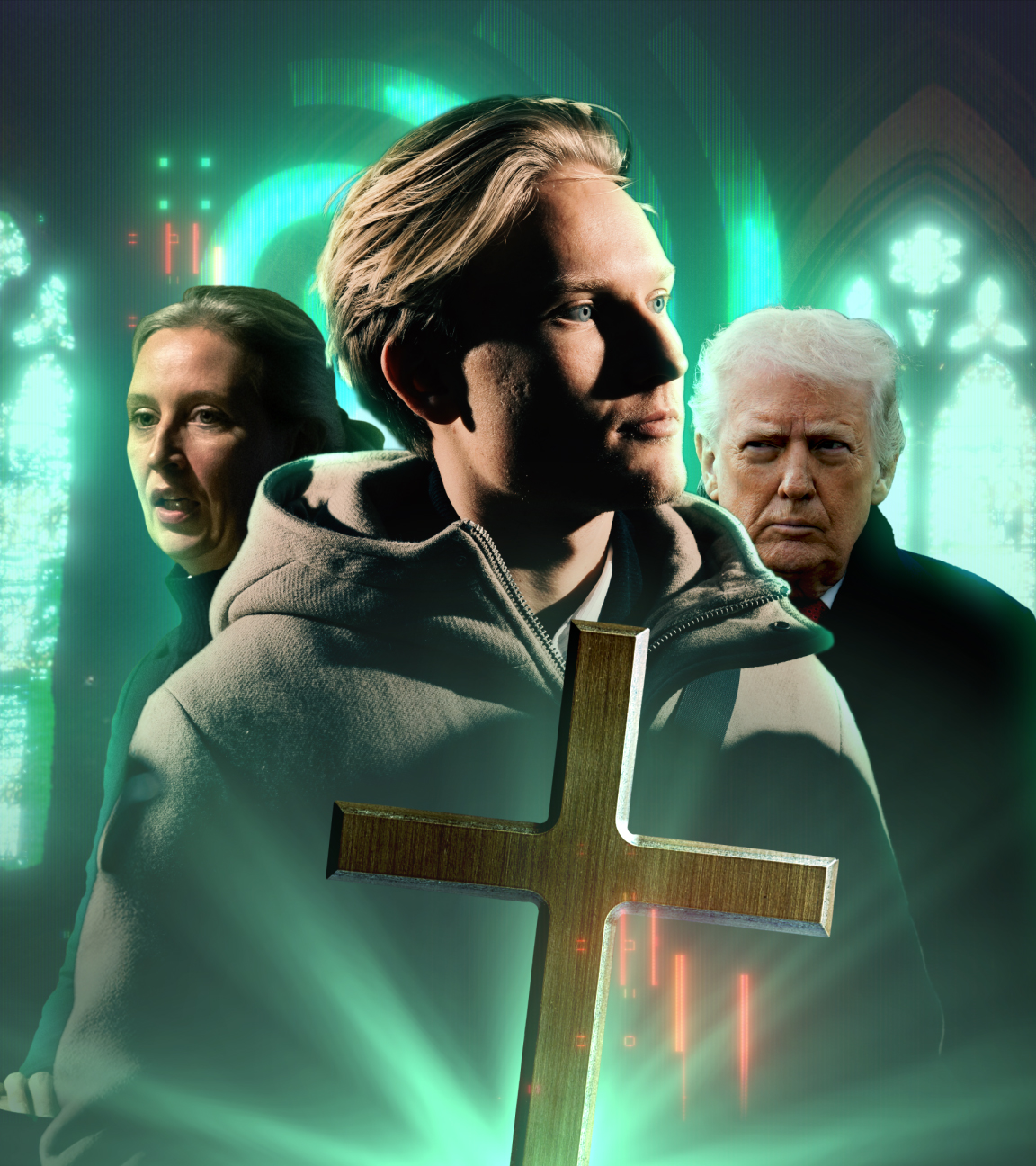 Leonard Jäger, Alice Weidel und Donald Trump vor großen, leuchtenden Kirchenfenstern. Im Vordergrund ein großes, golden schimmerndes Kreuz.