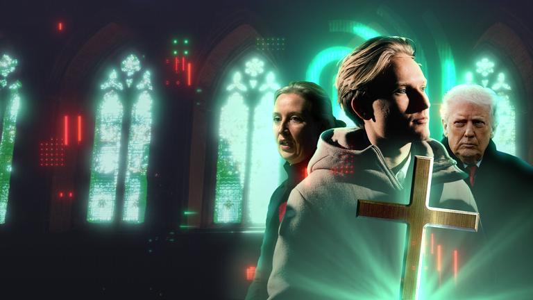 Leonard Jäger, Alice Weidel und Donald Trump vor großen, leuchtenden Kirchenfenstern. Im Vordergrund ein großes, golden schimmerndes Kreuz.