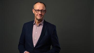 "Mensch Merz! - Der Herausforderer": Großaufnahme des Gesichts von Friedrich Merz vor grauem Hintergrund; er lächelt in die Kamera.