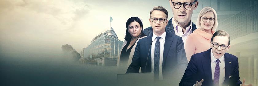  Im Vordergrund die CDU-Politikerinnen und -Politiker Catarina dos Santos-Wintz, Carsten Linnemann, Friedrich Merz, Christiane Schenderlein und Philipp Amthor, im Hintergrund die Parteizentrale der CDU, das Konrad-Adenauer-Haus.
