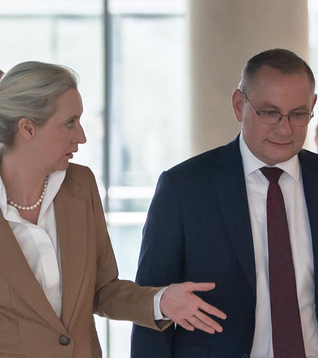 Alice Weidel, Bundesvorsitzende und Fraktionsvorsitzende der AfD, neben Tino Chrupalla, Bundesvorsitzender und Fraktionsvorsitzende der AfD