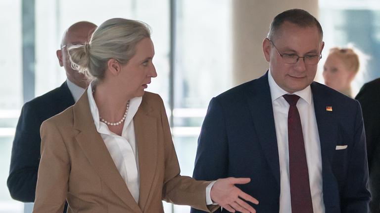 Alice Weidel, Bundesvorsitzende und Fraktionsvorsitzende der AfD, neben Tino Chrupalla, Bundesvorsitzender und Fraktionsvorsitzende der AfD