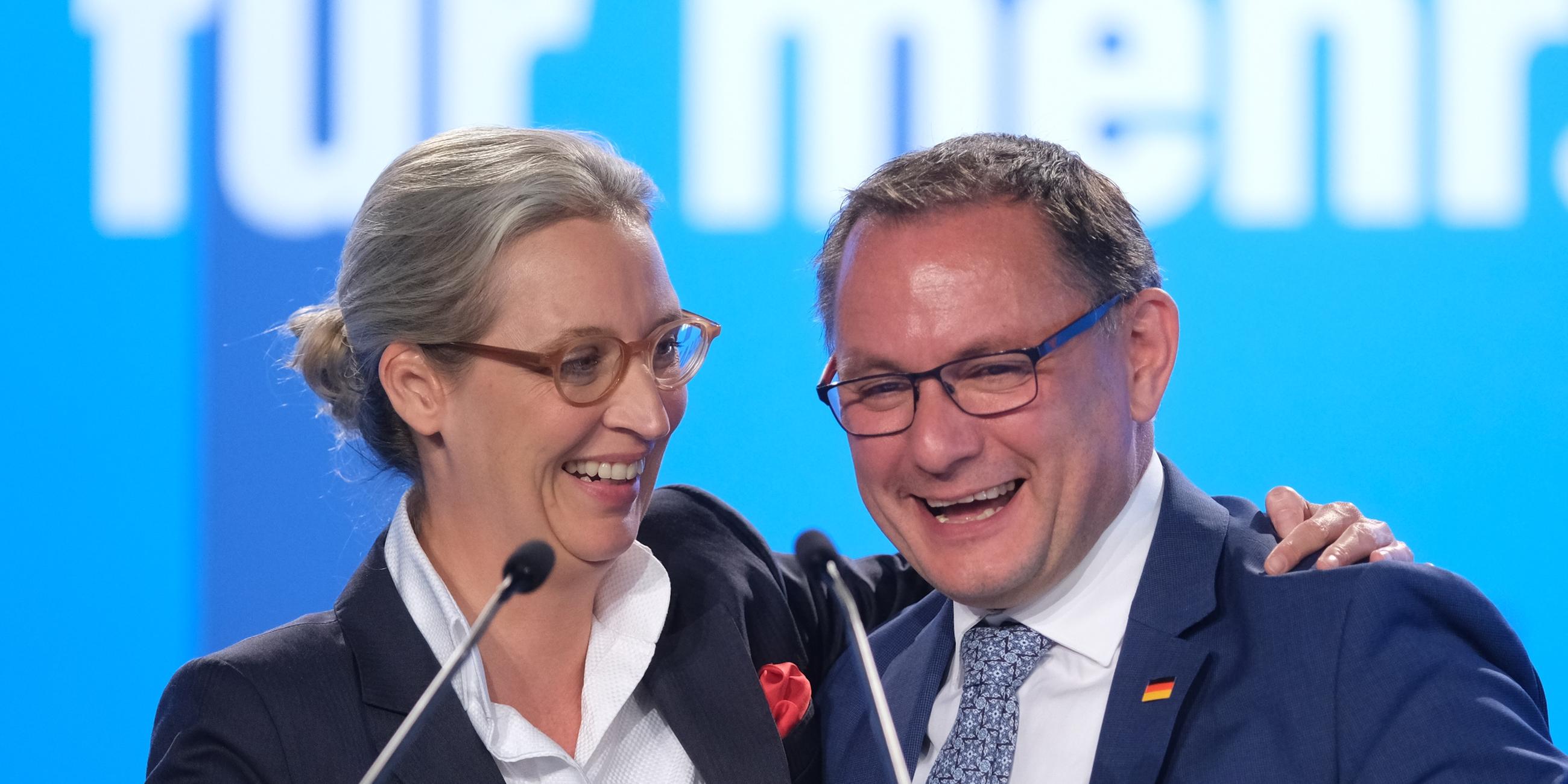 Die AfD-Chefs Chrupalla und Weidel beim Europa-Parteitag im August.