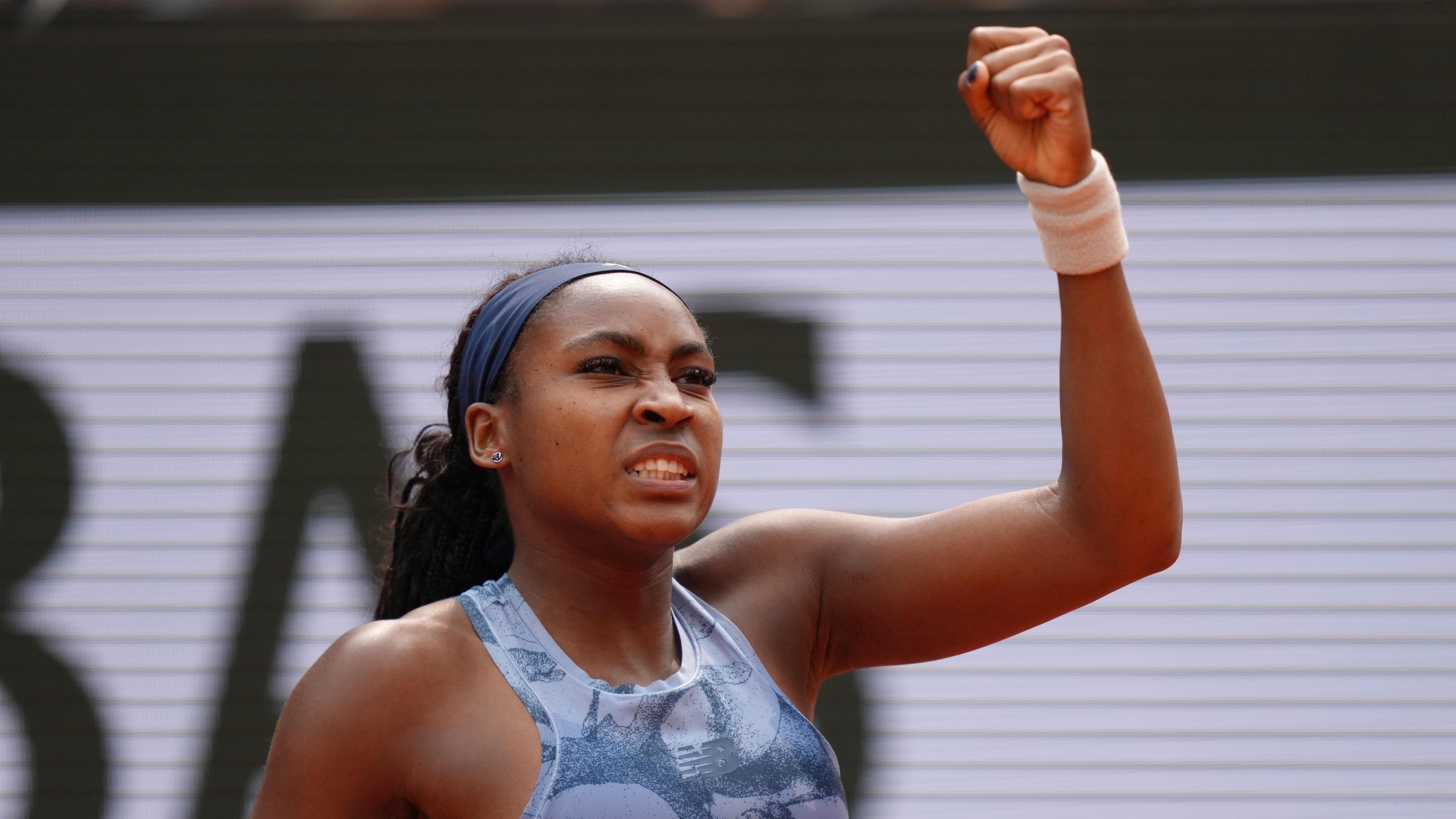 US-Amerikanerin Coco Gauff jubelt beim French Open Finale am 07.06.2025 gegen Belarus' Aryna Sabalenka.