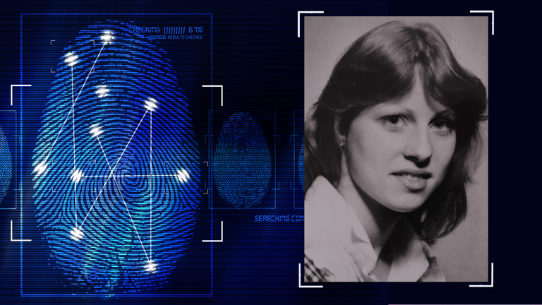 Portraitfoto einer jungen Frau - Opfer des Verbrechens. Schwarzweiß. Links daneben: Lichtschematische Darstellung eines Fingerabdrucks.