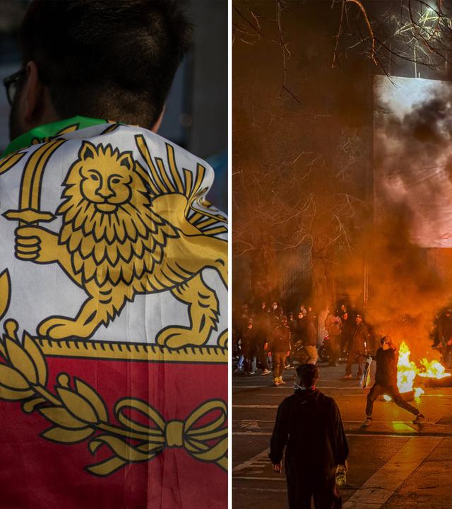 Collage zu den Protesten und Angriffen auf den Iran