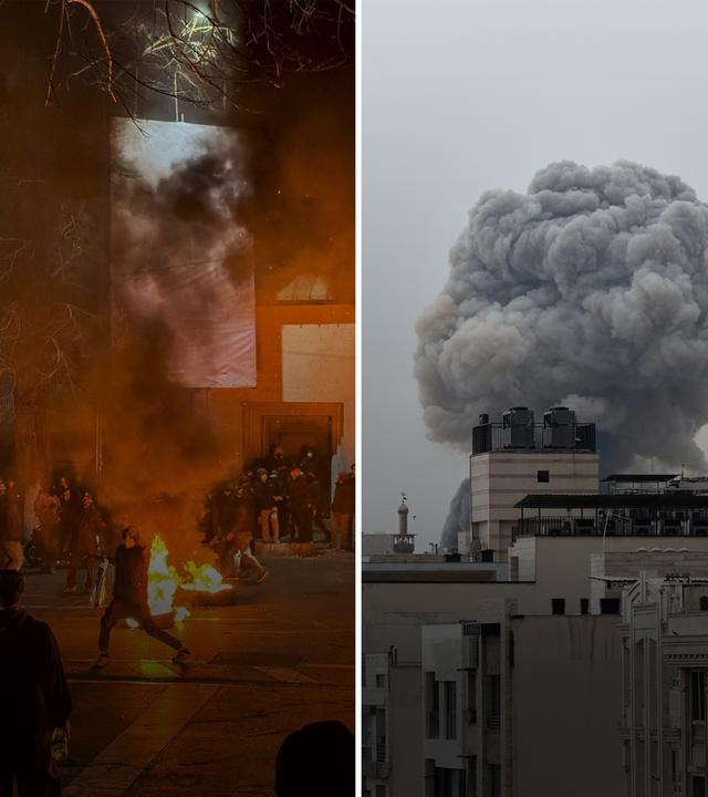 Collage zu den Protesten und Angriffen auf den Iran