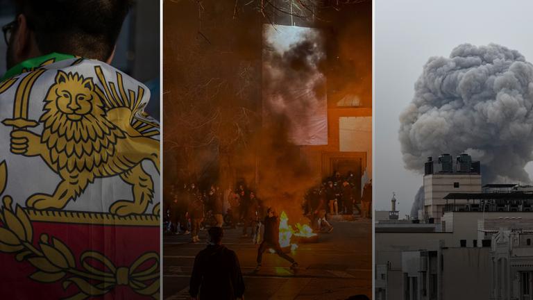 Collage zu den Protesten und Angriffen auf den Iran