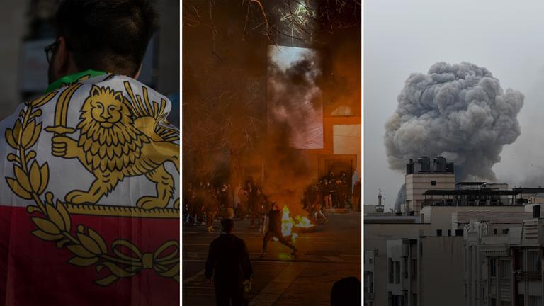 Collage zu den Protesten und Angriffen auf den Iran