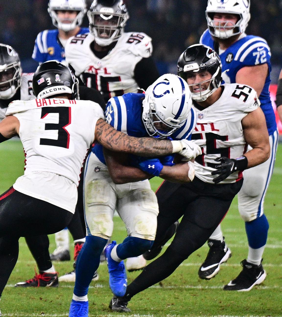 Jonathan Taylor (Indianapolis Colts) im Spiel gegen die Atlanta Falcons in der NFL am 09.11.25 in Berlin.