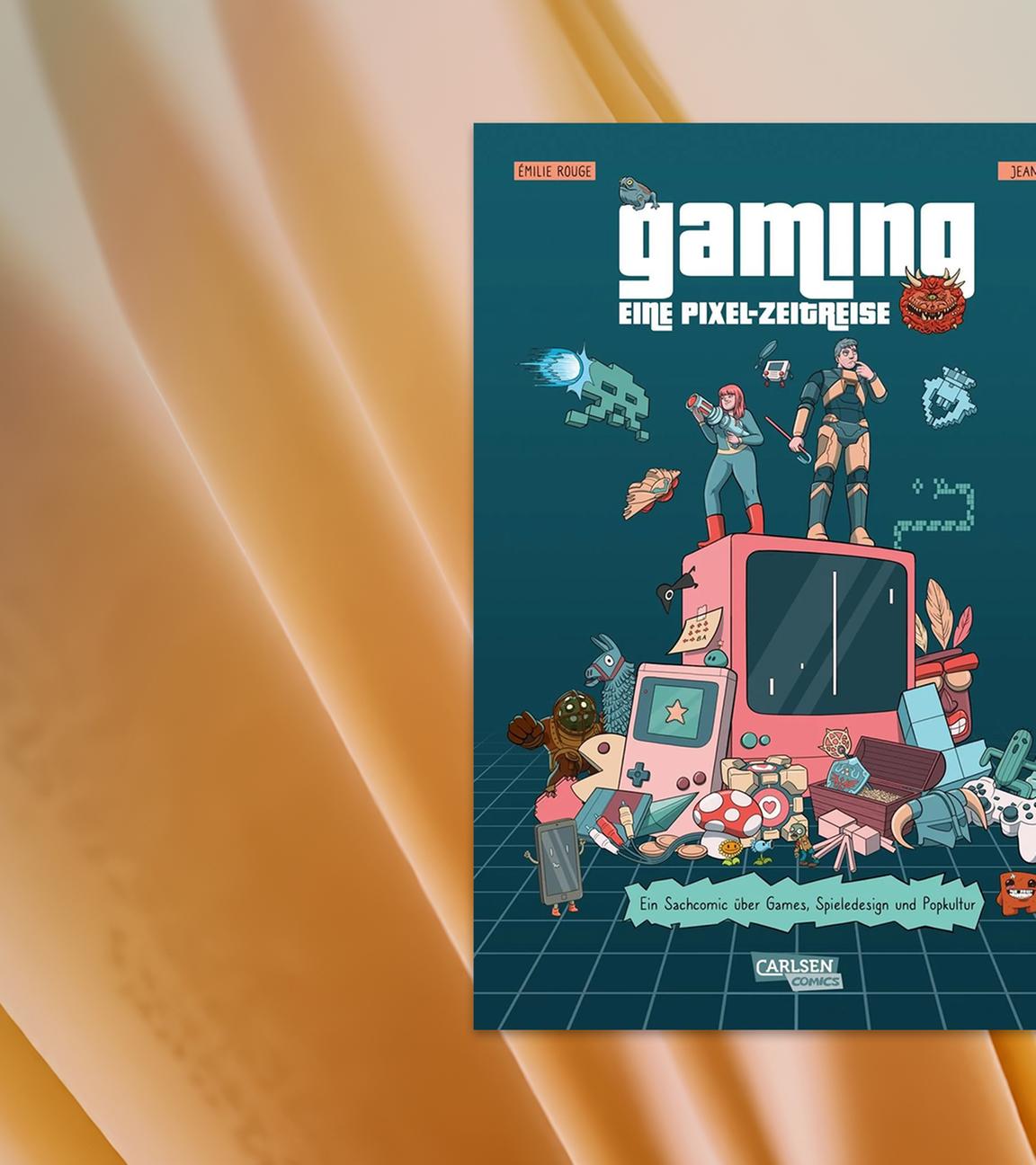 Auf dem Cover des Comics sieht man die Illustration einer Actionheldin und eines Actionhelden, die auf einem älteren Monitor stehen, vor einem petrol-farbenen Hintergrund. Der Monitor ist umgeben von Gamingcharakteren und -utensilien.