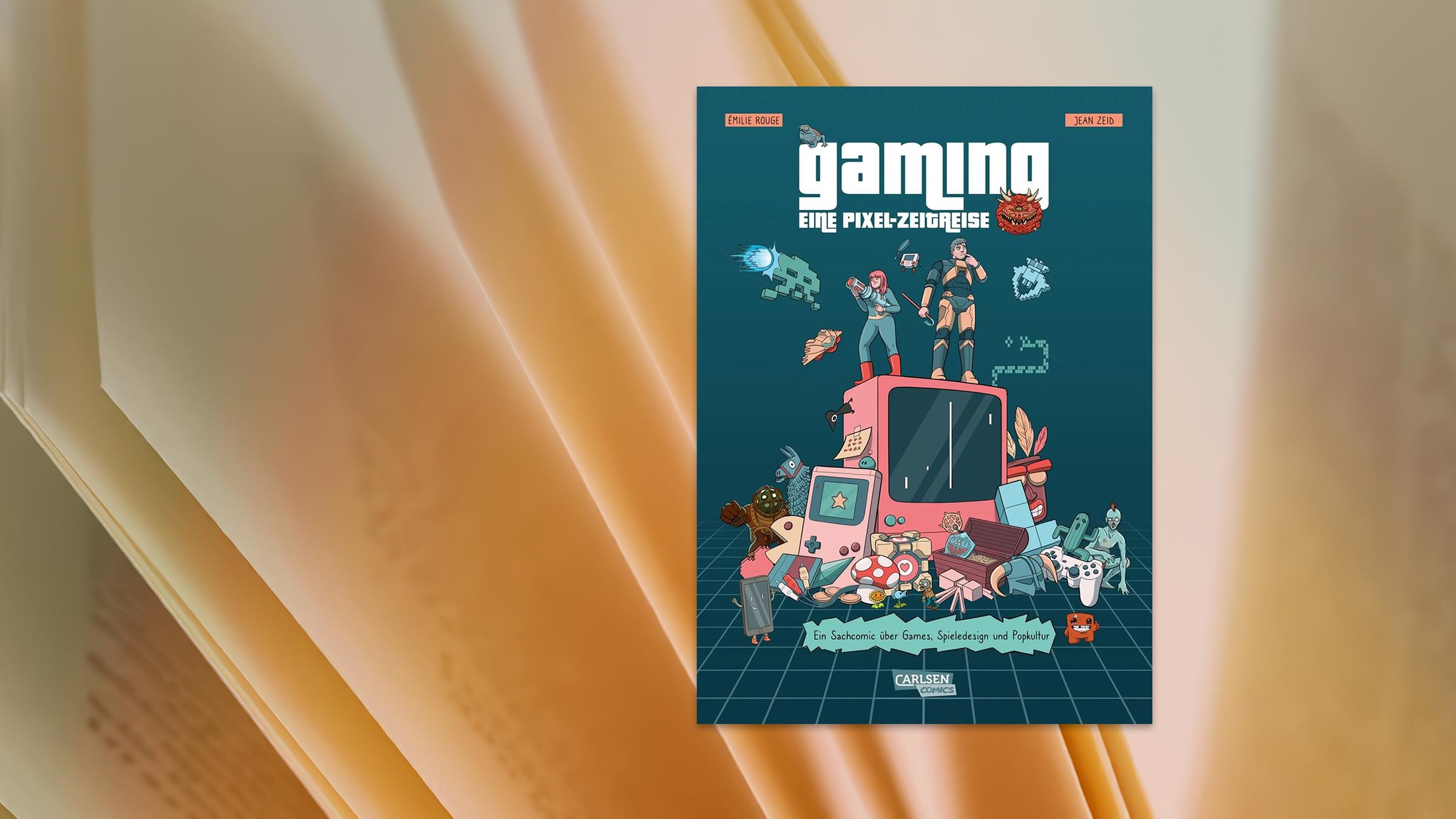 Auf dem Cover des Comics sieht man die Illustration einer Actionheldin und eines Actionhelden, die auf einem älteren Monitor stehen, vor einem petrol-farbenen Hintergrund. Der Monitor ist umgeben von Gamingcharakteren und -utensilien.