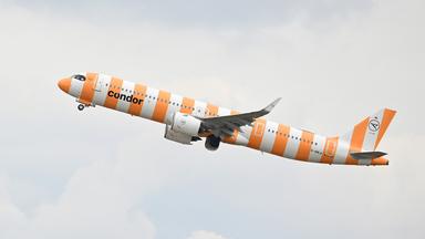 Ein Flugzeug Airbus A321neo der Condor im weiß-gelben Streifen-Look steigt in die Höhe. (Archiv)