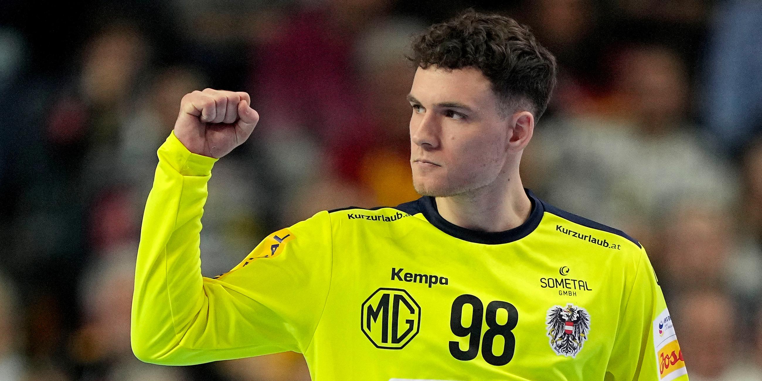 Österreichs Torwart Constantin Möstl beim Spiel gegen Deutschland am 20.01.2024.