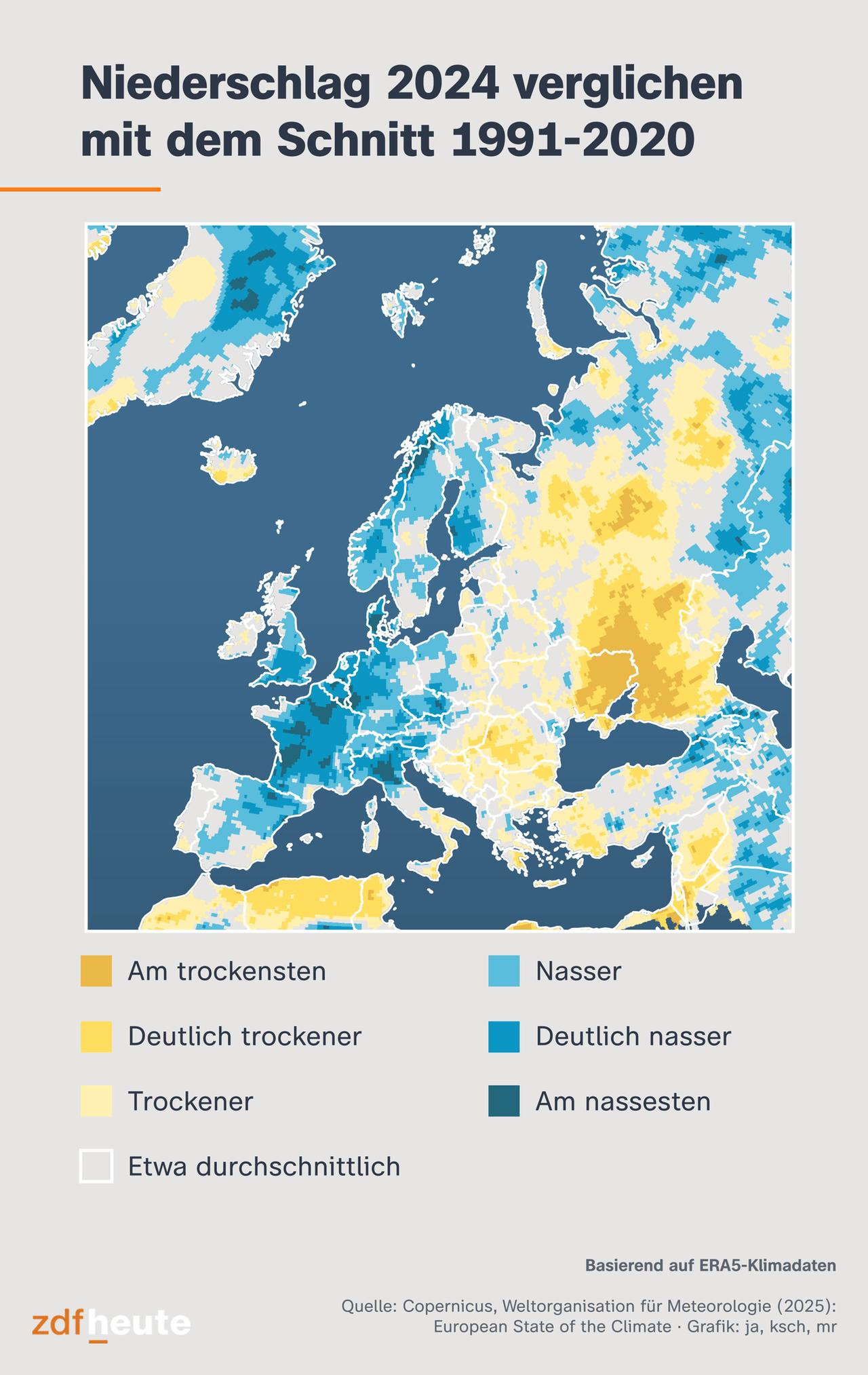 Der Westen Europas erlebte eines seiner niederschlagreichsten Jahre seit 1950, im Osten hingegen waren die Bedingungen trocken und teils extrem trocken.