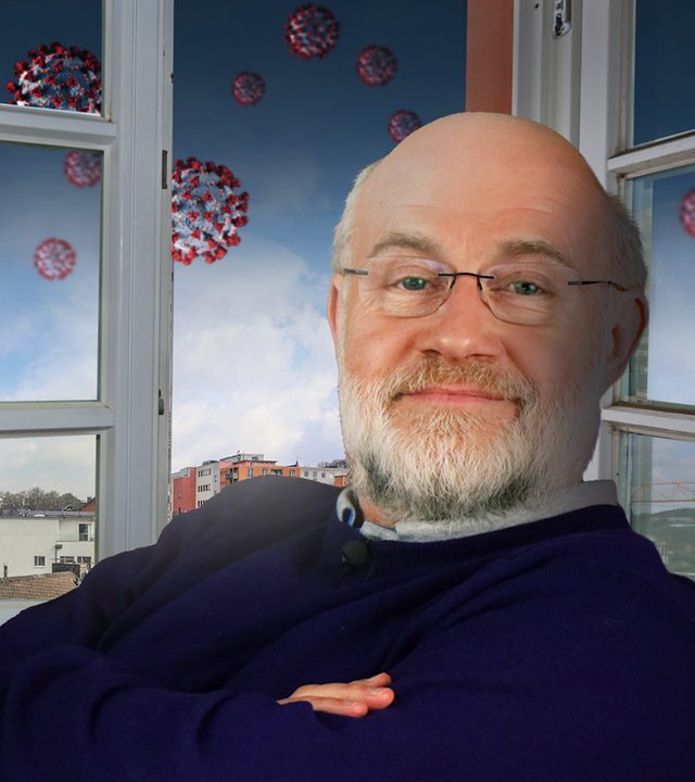 Collage: Harald Lesch sitzt entspannt - im Hintergrund Coronaviren