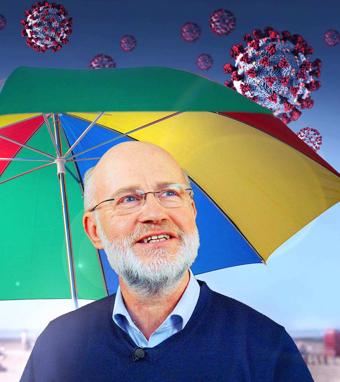 Collage: Harald Lesch unter Sonnenschhirm auf den Coronaviren regnen