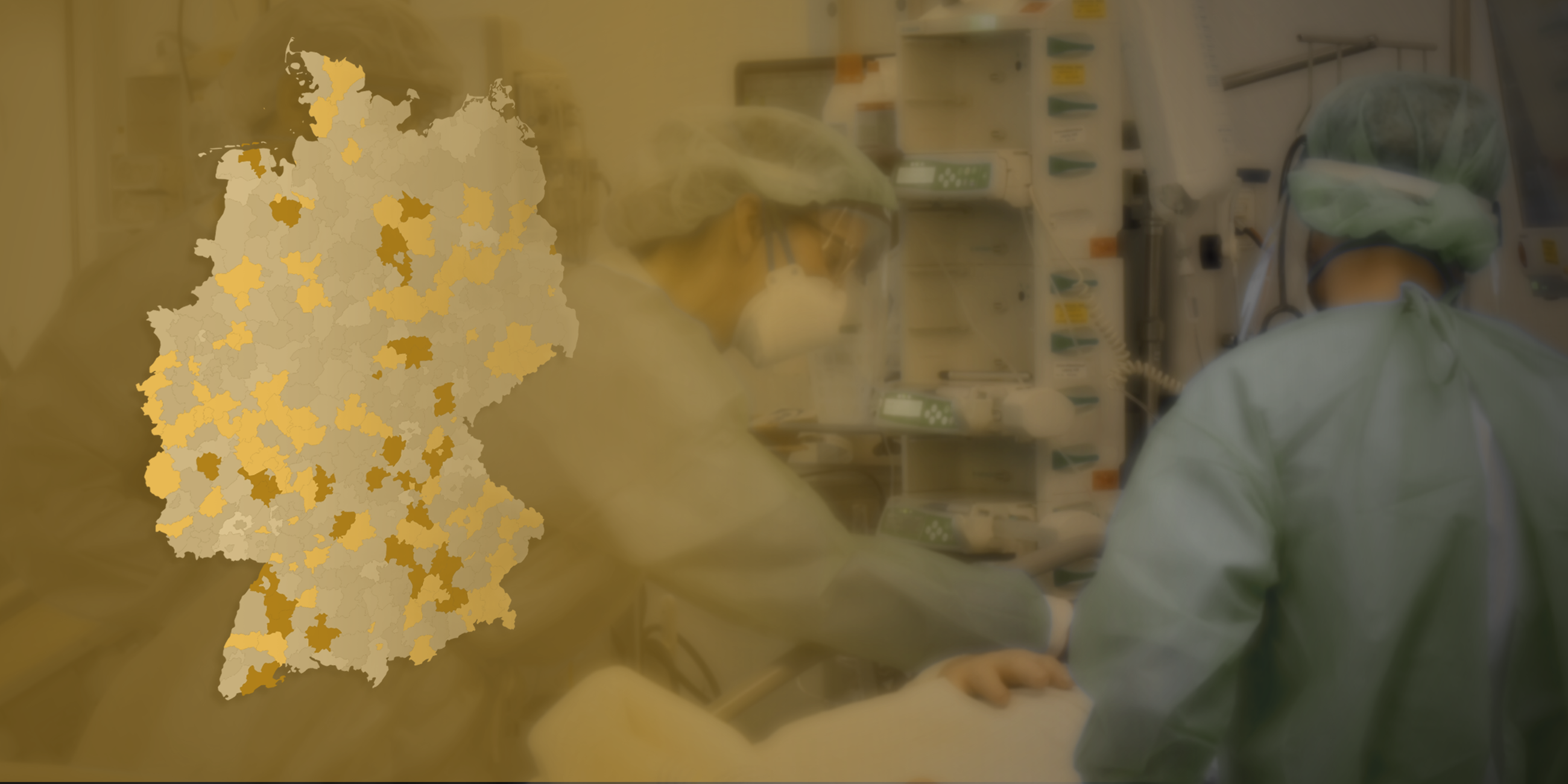 Intensivstation mit überlagerter Deutschlandkarte zur Corona-Lage der Intensivbetten