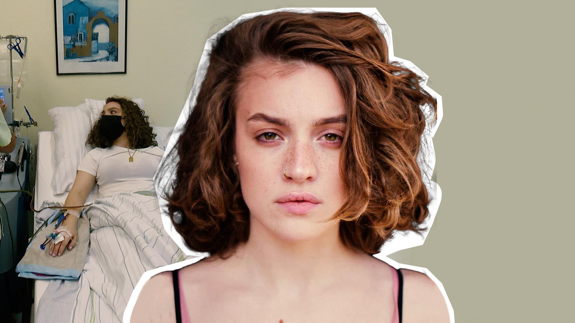 Porträt von Felicia Binger im Vordergrund; Binger im Krankenhaus im Hintergrund 