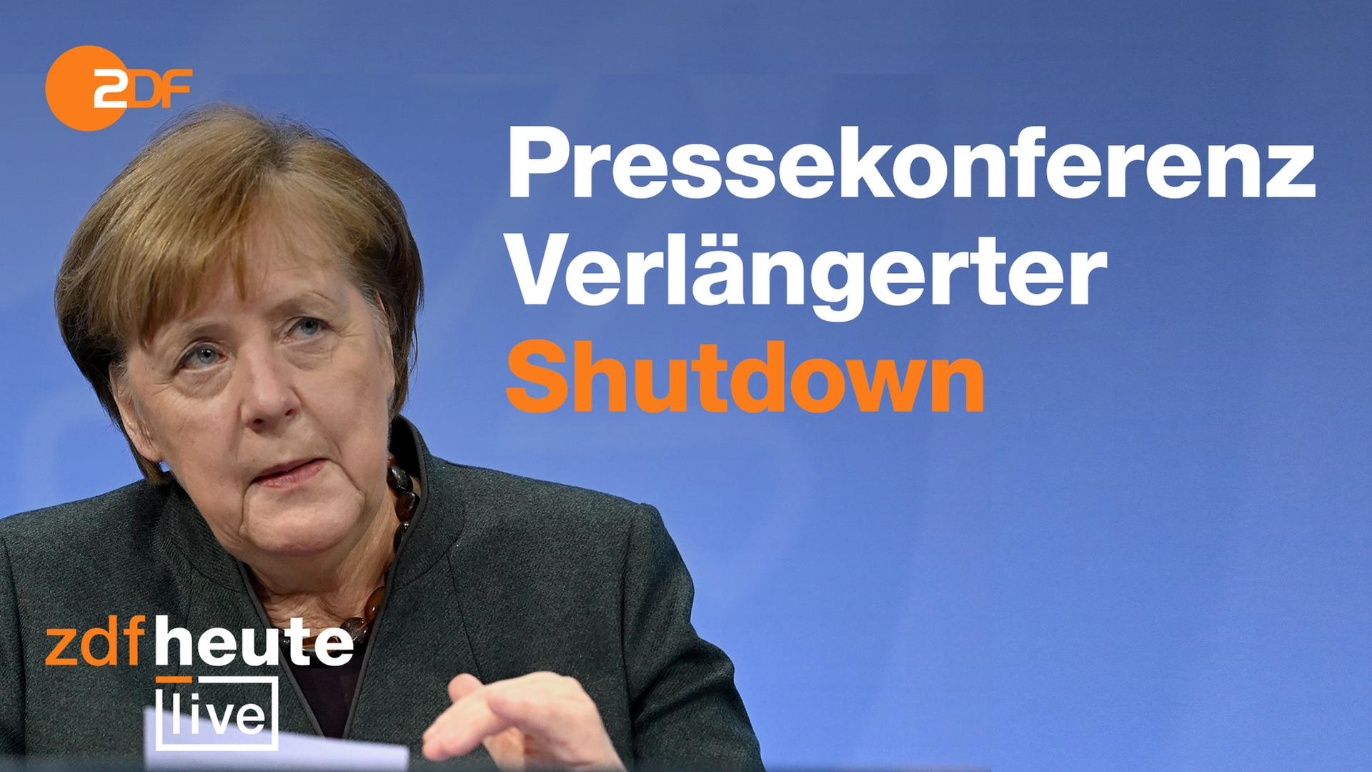 Bundeskanzlerin Angela Merkel verkündet neue Corona-Beschlüsse. Oben links ZDF-Logo, unten links ZDFheute live Logo. Schriftzug "Presseknoferenz verlängerter Shutdown"