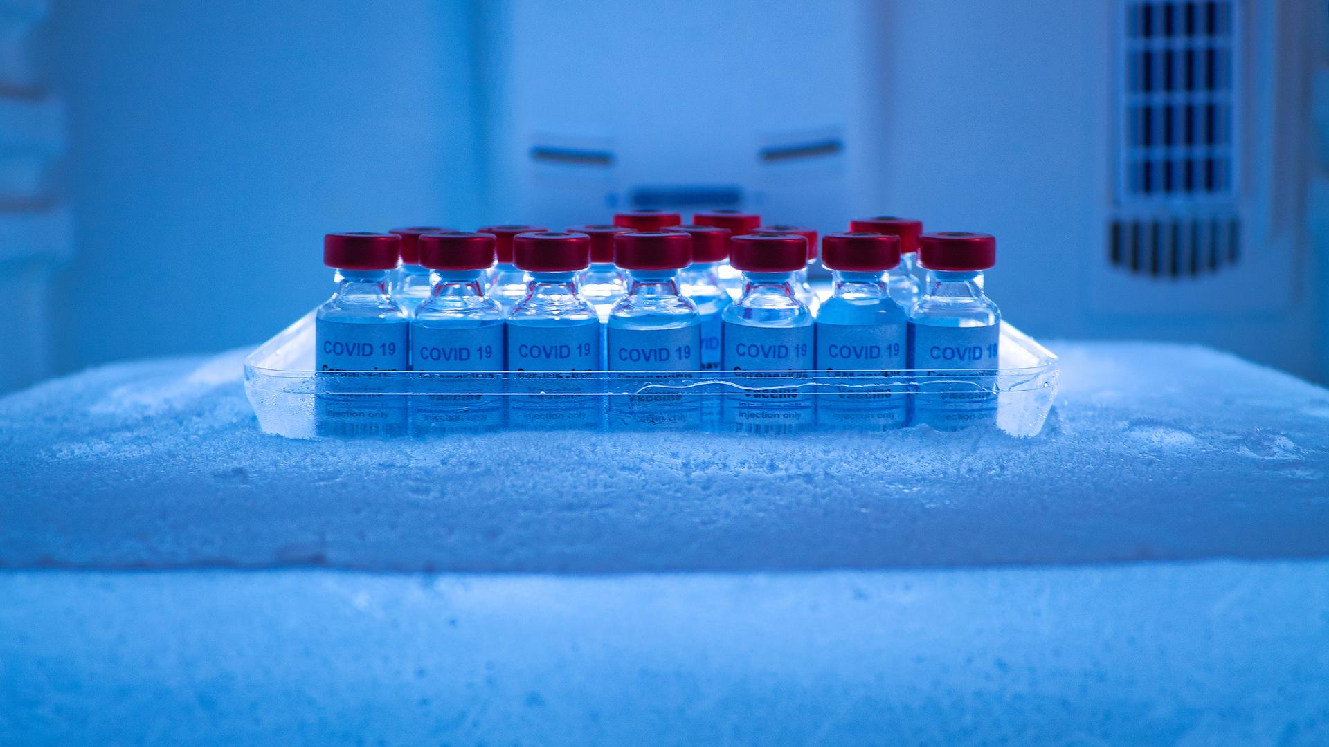 Archiv: Ein Pool von Covid-19-Impfstoffen in einem Eisblock unter Null zur Konservierung und zum Transport