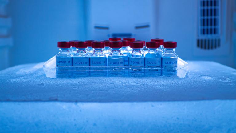 Archiv: Ein Pool von Covid-19-Impfstoffen in einem Eisblock unter Null zur Konservierung und zum Transport