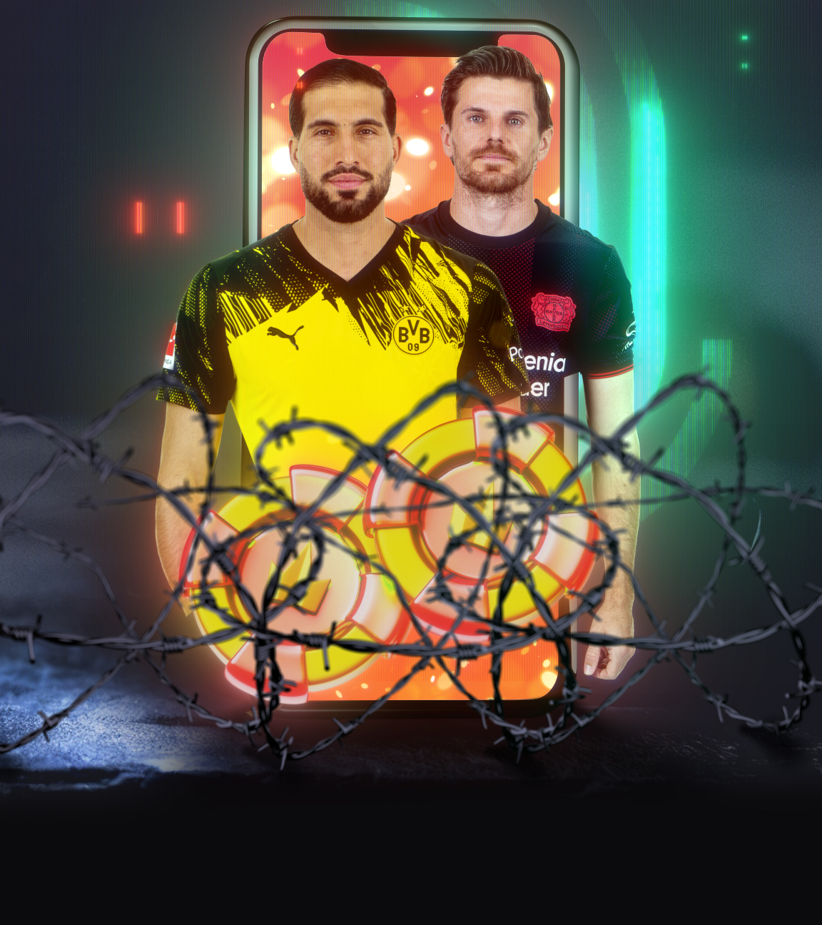 Zwei Bundesligaspieler sind auf einem Handy zu sehen, davor Drahtzaun.