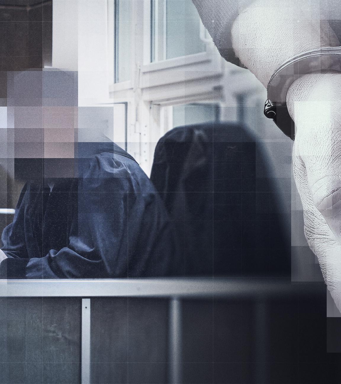 Bildmontage: Verpixelter Staatsanwalt hinter Pult, links im Bild und Hände auf dem Rücken in Handschellen, die ein Smartphone halten, rechts im Bild 