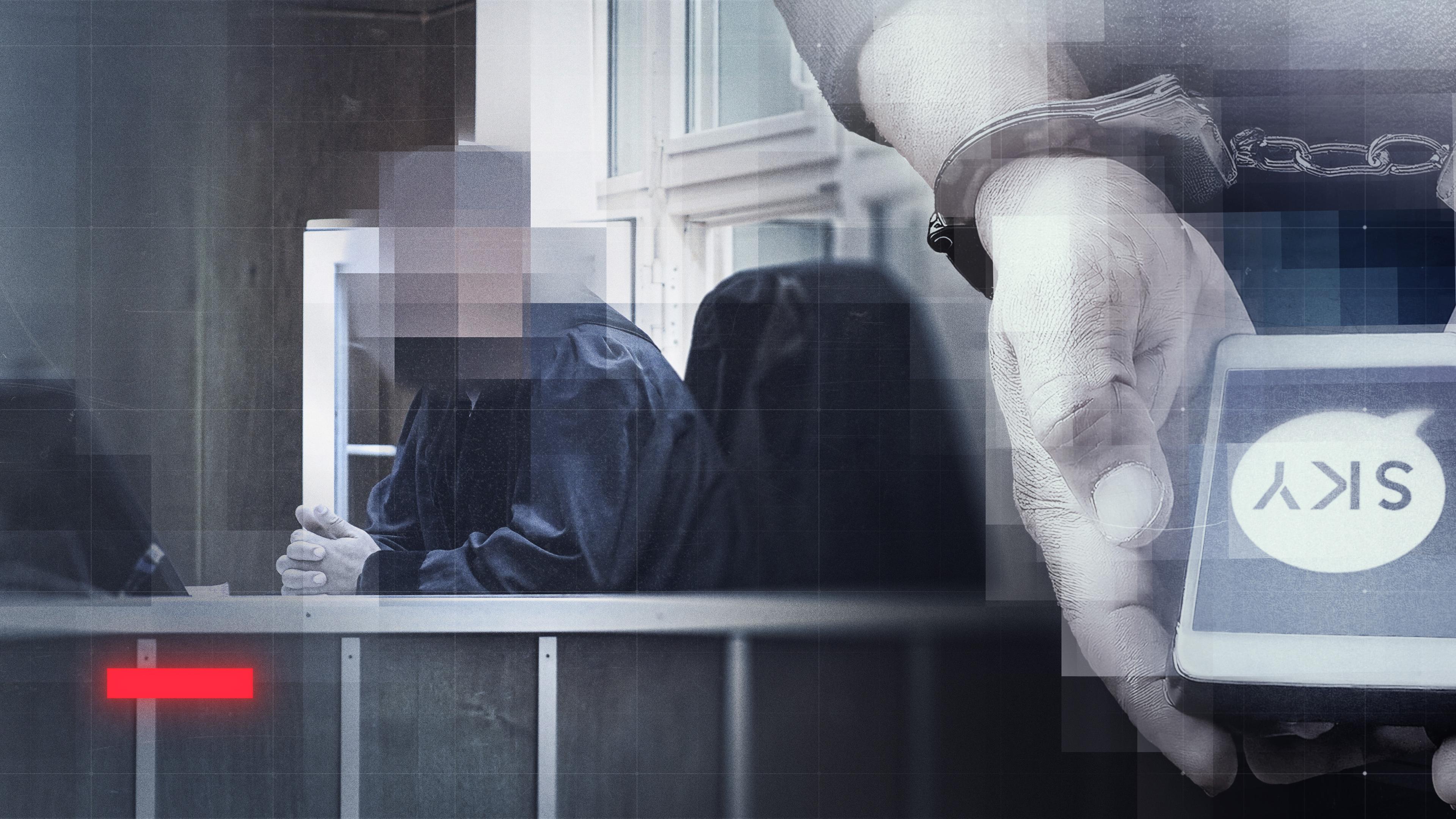 Bildmontage: Verpixelter Staatsanwalt hinter Pult, links im Bild und Hände auf dem Rücken in Handschellen, die ein Smartphone halten, rechts im Bild 