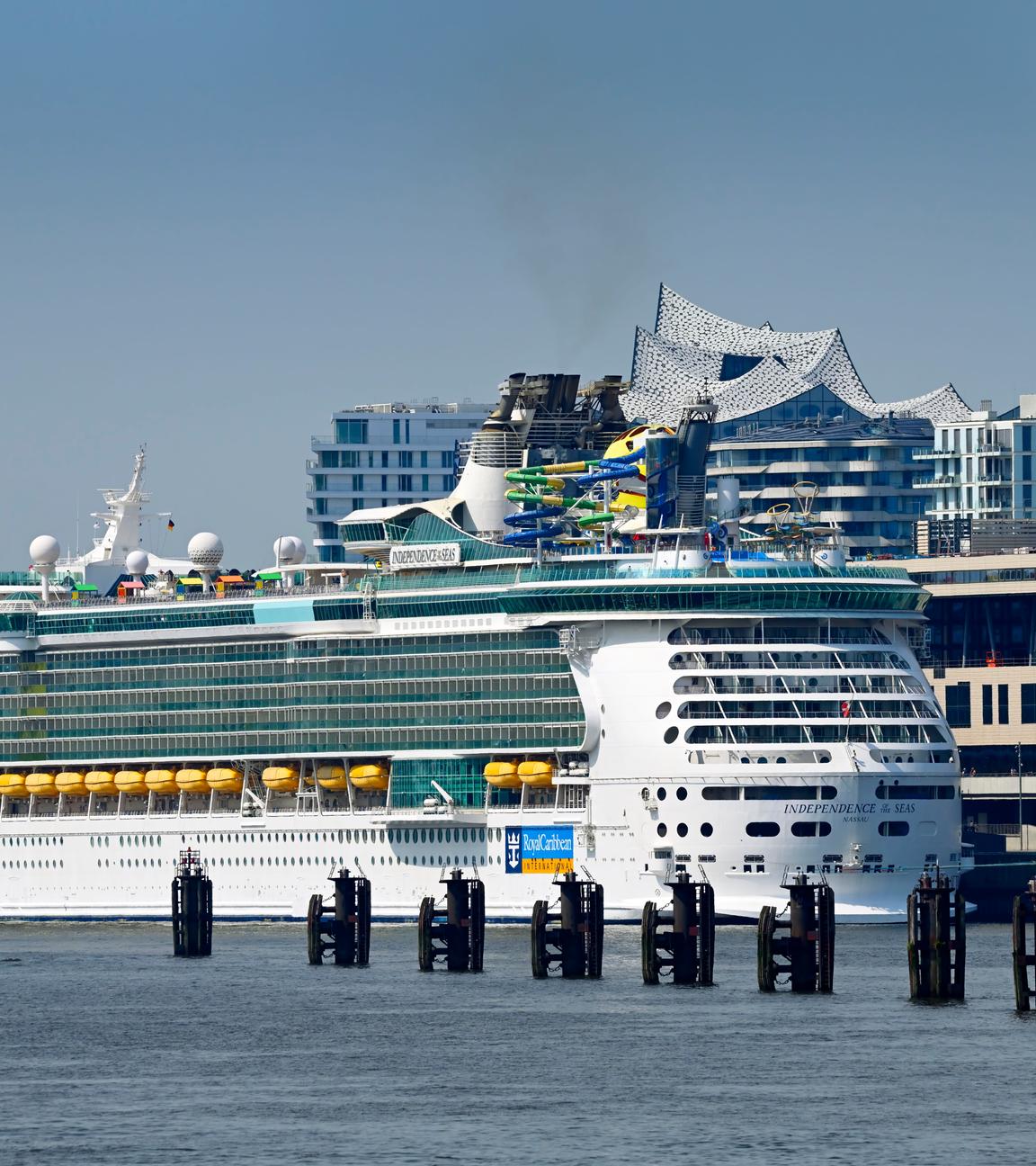 Ein Kreuzfahrtschiff fährt in den Hamburger Hafen ein.