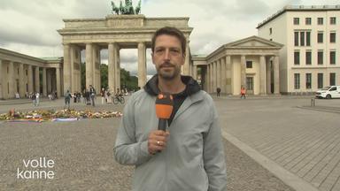 Das Bild zeigt ein Schaltgespräch aus dem "Volle Kanne"-Studio nach Berlin zum Brandenburger Tor.