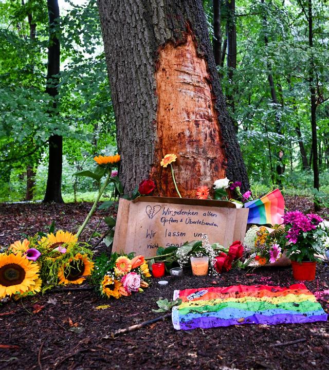 Blumen, Kerzen und die Botschaft Wir gedenken aller Opfer und Überlebenden sind am Morgen an einem Baum mit beschädigter Rinde zu sehen