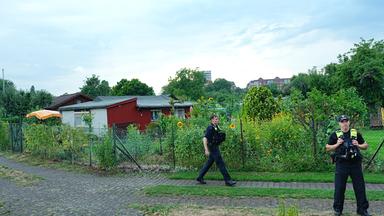 Polizisten sind in einer Kleingartenkolonie in Berlin-Spandau im Einsatz.