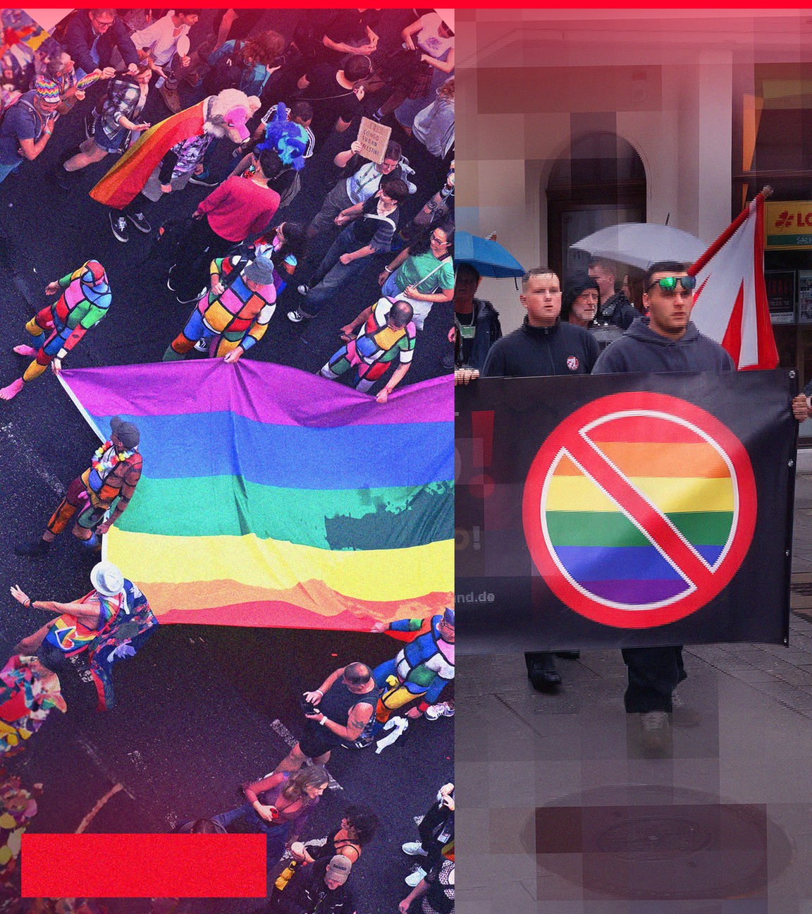 Bildmontage: queere Community mit Regenbogenflagge bei CSD auf der linken Seite, rechte Demo mit Transparent, auf dem die Regenbogenflagge durchgestrichen ist, auf der rechten Bildhälfte