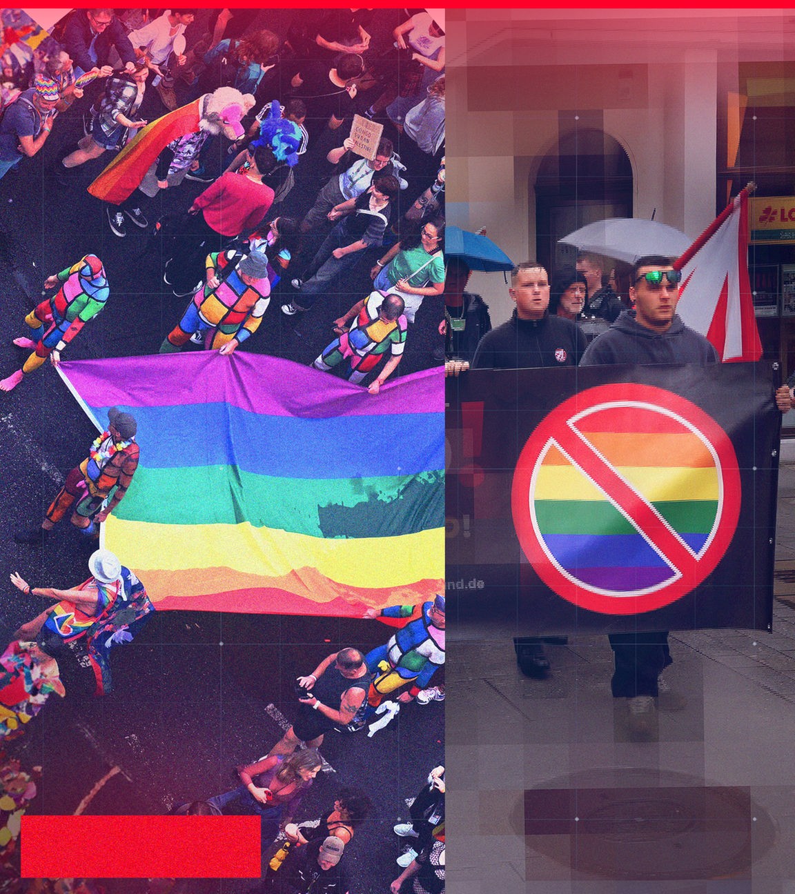 Bildmontage: queere Community mit Regenbogenflagge bei CSD auf der linken Seite, rechte Demo mit Transparent, auf dem die Regenbogenflagge durchgestrichen ist, auf der rechten Bildhälfte