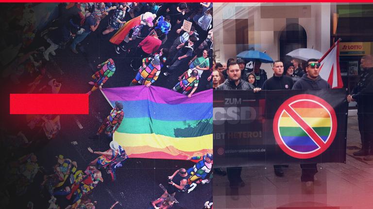 Bildmontage: queere Community mit Regenbogenflagge bei CSD auf der linken Seite, rechte Demo mit Transparent, auf dem die Regenbogenflagge durchgestrichen ist, auf der rechten Bildhälfte