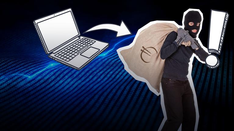 Collage: Räuber mit Maske und Geldsack mit Eurozeichen auf Rücken vor Computerhintergrund, daneben grafischer Laptop und Ausrufezeichen