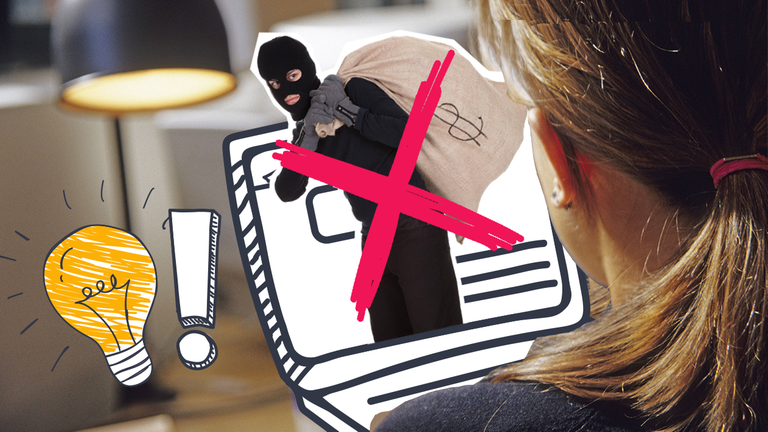 durchgestrichener Interneträuber, Mädchen vor Laptop, Gühbirne und Ausrufezeichen