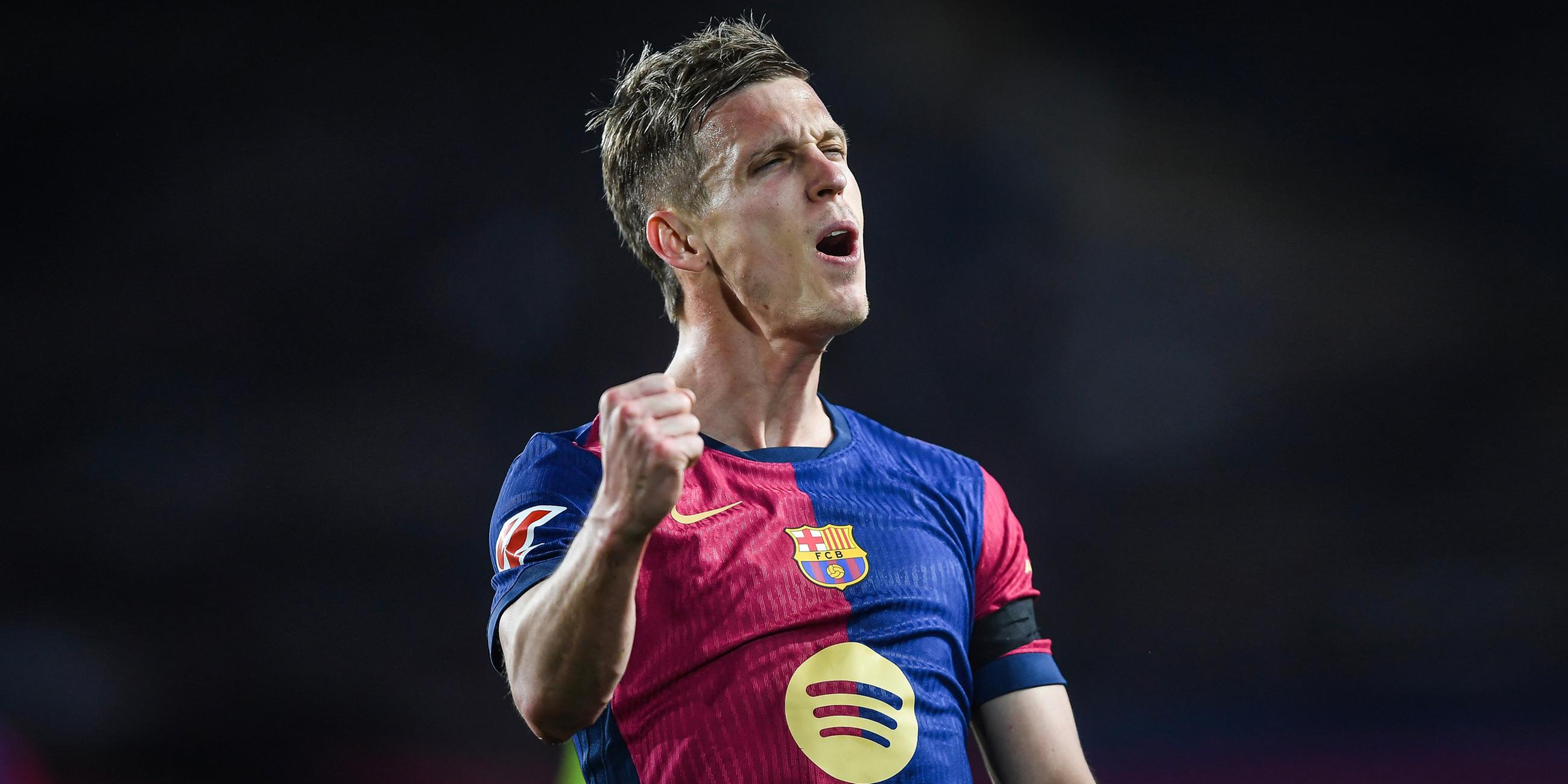 Dani Olmo vom FC Barcelona jubelt im Spiel gegen Osasuna am 27. März.