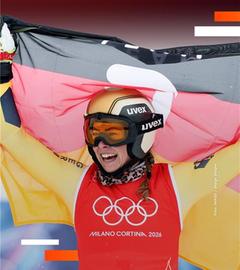 Daniela Maier jubelt nachdem sie beim Ski Freestyle am 20.02.2026 in Livigno Gold gewonnen hat.