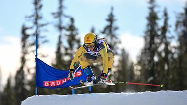 Die deutsche Freestyle-Skifahrerin Daniela Maier springt beim FIS Skicross Weltcup in Gallivare vom Hügel ab