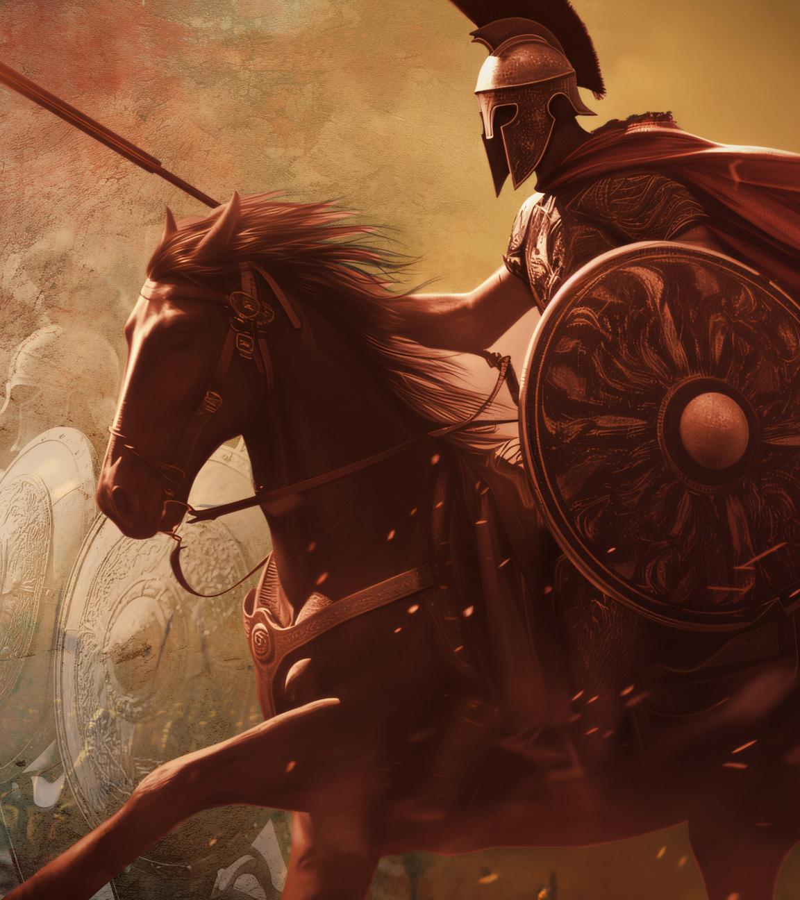 Bild von Alexander dem Großen auf einem Pferd reitend, in voller Rüstung. Im Hintergrund eine Gruppe griechischer Soldaten in Linie aufgestellt.