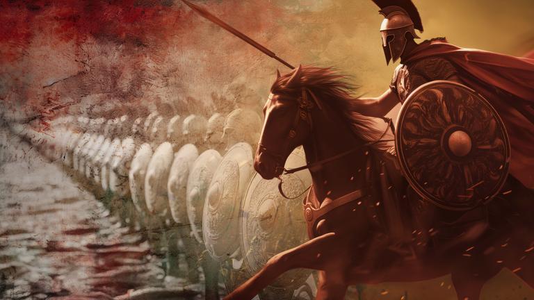 Bild von Alexander dem Großen auf einem Pferd reitend, in voller Rüstung. Im Hintergrund eine Gruppe griechischer Soldaten in Linie aufgestellt.