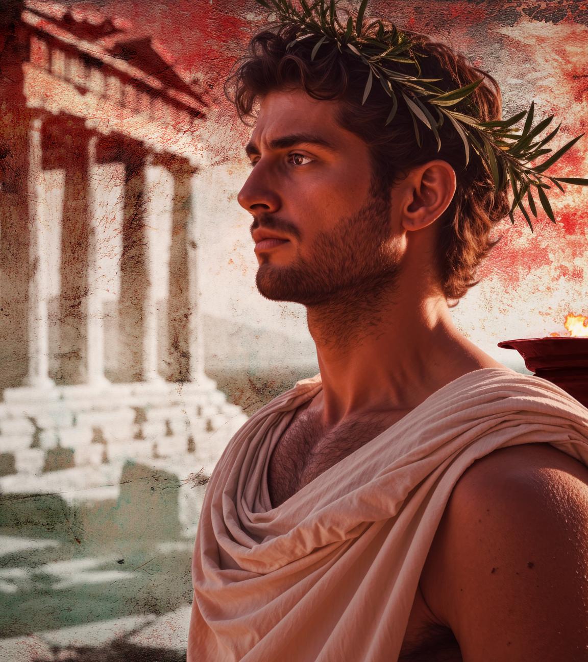 Bild eines griechischen Athleten der Antike mit Lorbeerkranz. Im Hintergrund eine Feuerschale und eine antike Tempelanlage.