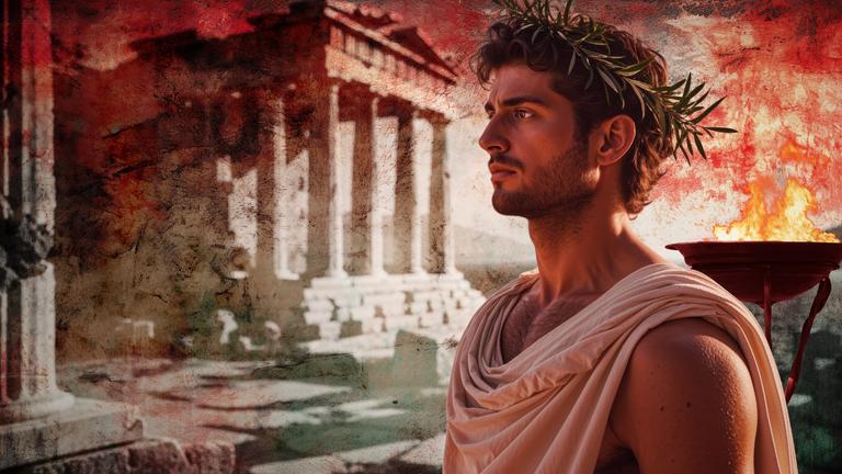 Bild eines griechischen Athleten der Antike mit Lorbeerkranz. Im Hintergrund eine Feuerschale und eine antike Tempelanlage.